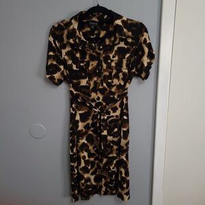 En Focus Tie Waist Dress Women 14 Brown Animal Print Henley Neck Roll Tab Sleeve